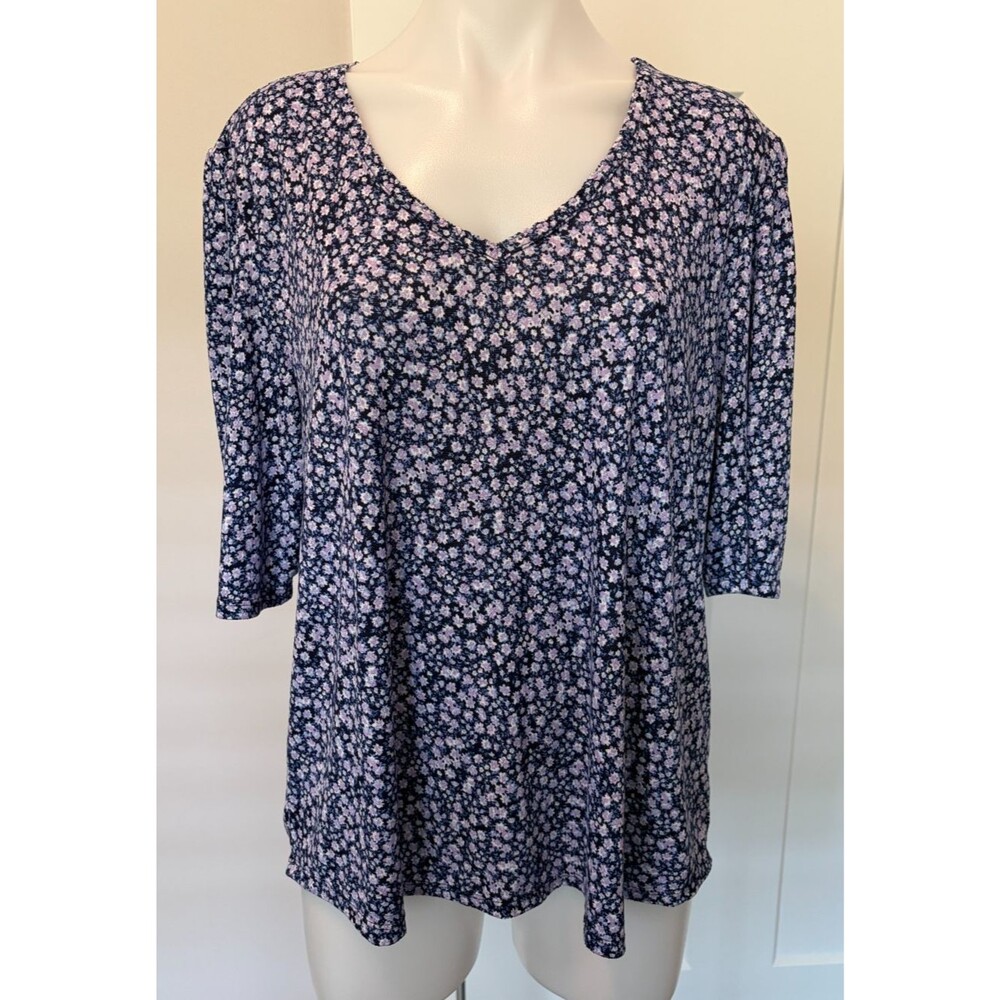 LANDS END Womens Knit TOP Short Sleeve BLUE Purple FLORAL Vp-Neck Size XXL